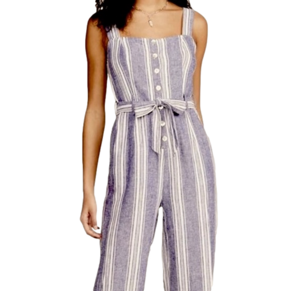 Rails XS Seaport jumpsuit blue and white with smocked back rayon linen